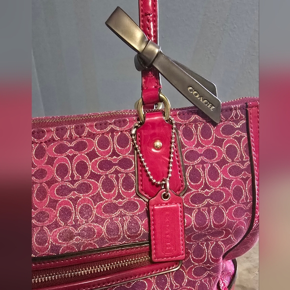 Coach Poppy Signature Metallic Outline Pink Purple Tote & Dust Bag - Picture 3 of 15